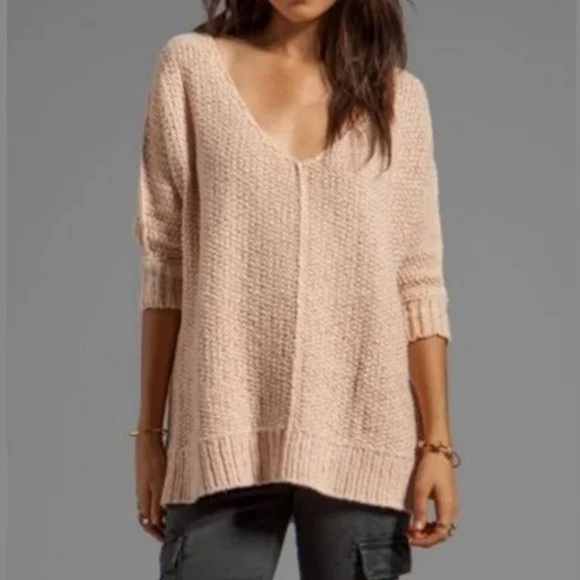 Free People Nude Beige Chunky Knit V Neck half sleeves Sweater size S - Picture 1 of 15